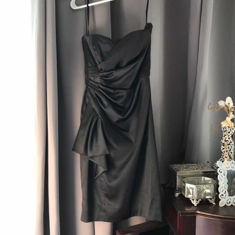 Black, strapless satin dress.